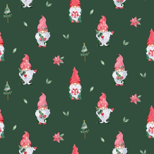 Cotton poplin digital Christmas gnome - dark green