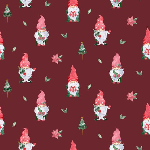 Cotton poplin digital Christmas gnome - wine red