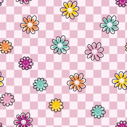 Jersey de algodón alegres flores en cheques rosa claro