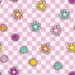 Cotton jersey cheerful flowers on checks light pink