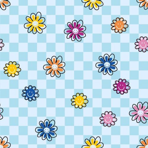 Cotton jersey cheerful flowers on checks light blue