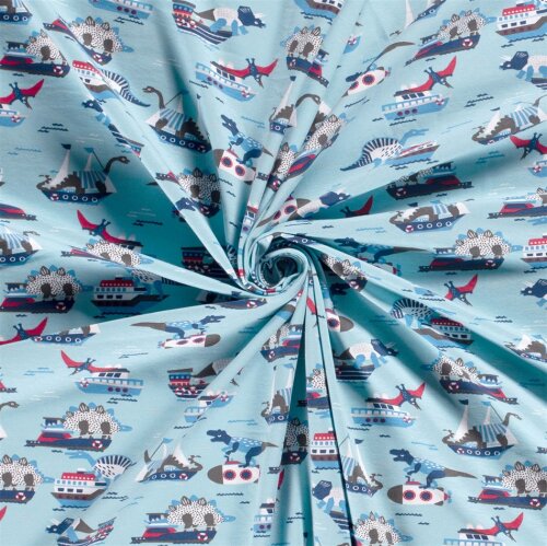 Katoenen jersey dinosaurus aanval - baby blauw
