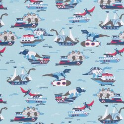 Katoenen jersey dinosaurus aanval - baby blauw