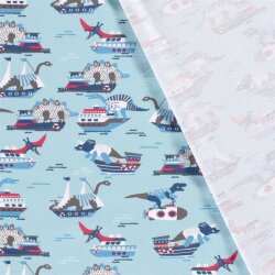 Katoenen jersey dinosaurus aanval - baby blauw