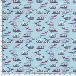 Katoenen jersey dinosaurus aanval - baby blauw