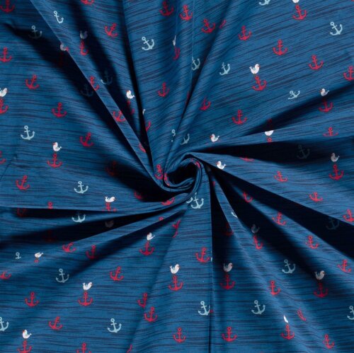 Jersey di cotone gabbiani e ancore blu indaco