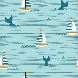 Cotton jersey sailboat and whale fluke light turquoise