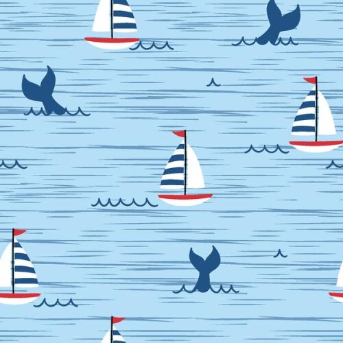 Baumwolljersey Segelboot und Walfluke babyblau
