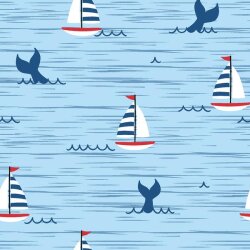 Cotton jersey sailboat and whale fluke baby blue