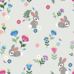 Cotton jersey bunnies on the spring meadow light grey