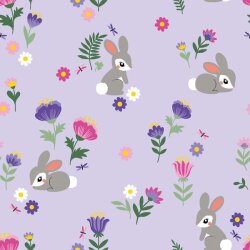 Katoenen jersey konijntjes op de lenteweide lila