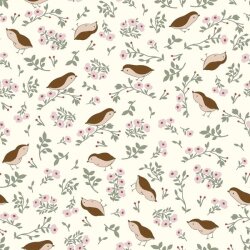 Cotton jersey birds with flower branches wool white