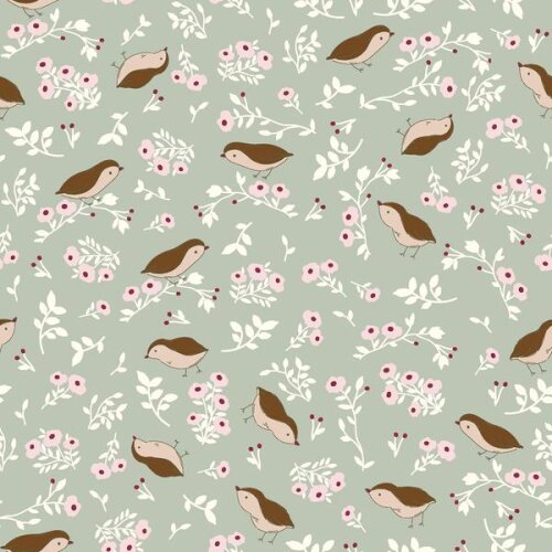 Cotton jersey birds with flower branches mint