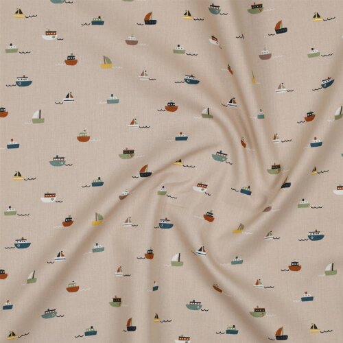 Cotton poplin organic colourful boats - sand
