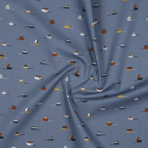 Popeline di cotone Barche colorate organiche - blu ombra