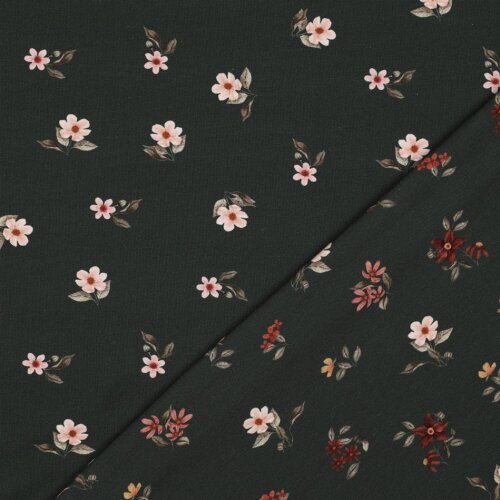 Cotton jersey Digital Organic flowers - dark olive