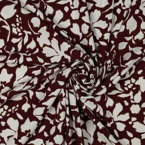 VISCOSE katoen popeline stretch grote bloemen - donker wijnrood