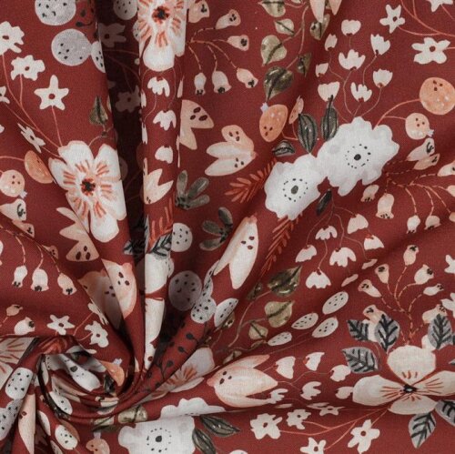 Cotton poplin digital autumn flowers - ruby red