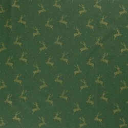 Bavlněný popelín s fóliovým potiskem skákajícího jelena - borovicově zelený