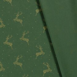 Bavlněný popelín s fóliovým potiskem skákajícího jelena - borovicově zelený