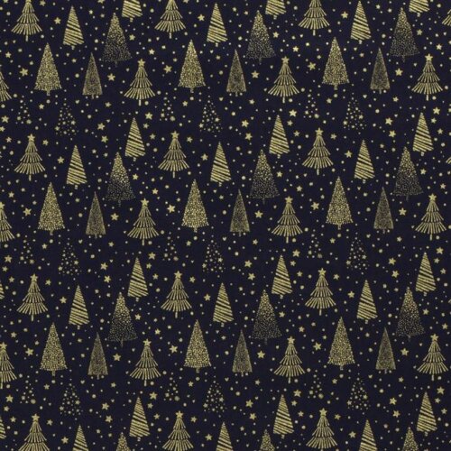 Cotton Poplin Foil Print Christmas Trees with Stars - Midnight Blue