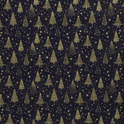 Cotton Poplin Foil Print Christmas Trees with Stars - Midnight Blue