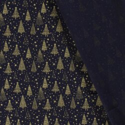 Cotton Poplin Foil Print Christmas Trees with Stars - Midnight Blue