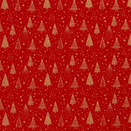 Popelín de algodón con estampado de árboles de Navidad y estrellas - Rojo