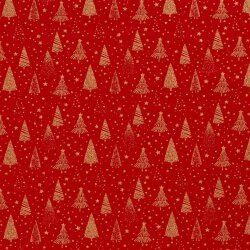 Cotton Poplin Foil Print Christmas Trees with Stars - Red