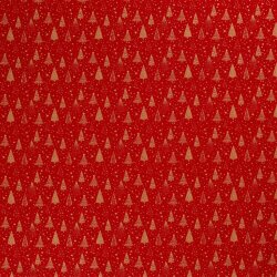 Cotton Poplin Foil Print Christmas Trees with Stars - Red