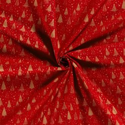 Cotton Poplin Foil Print Christmas Trees with Stars - Red