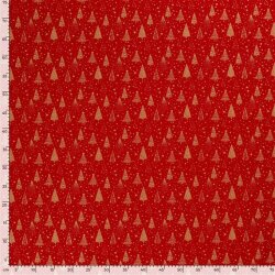 Cotton Poplin Foil Print Christmas Trees with Stars - Red