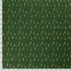 Popeline di cotone con stampa in foil di alberi di Natale e stelle - Verde abete