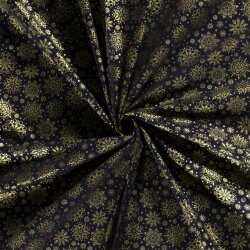 Cotton Poplin Foil Print Large Snowflakes - Midnight Blue