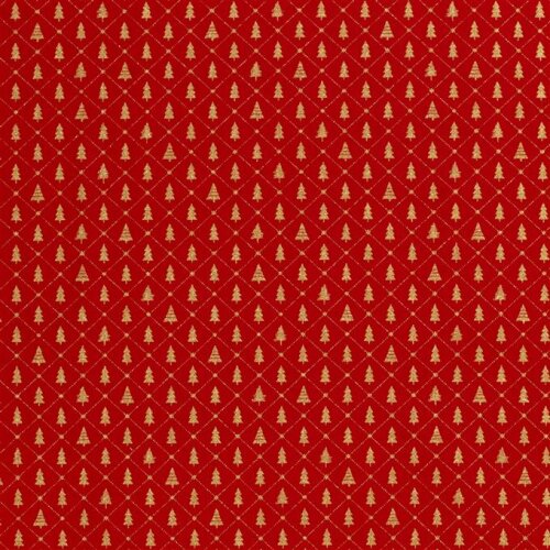 Popeline di cotone con stampa in foil di piccoli alberi di Natale - Rosso