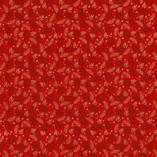 Popeline di cotone con stampa in lamina di rami natalizi - Rosso