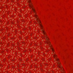 Bavlněný popelín s fóliovým potiskem vánočních větví - červený