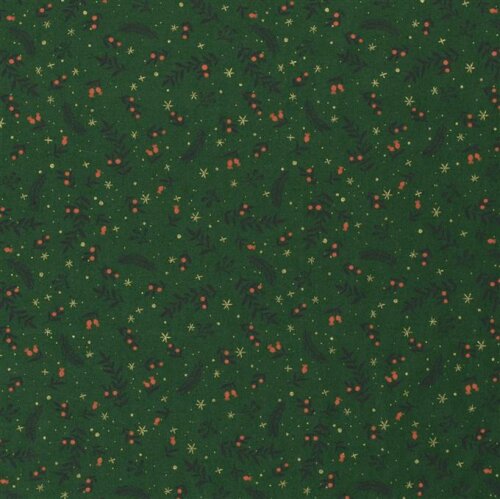 Popeline de coton imprimé avec des branches de Noël avec des baies - vert sapin