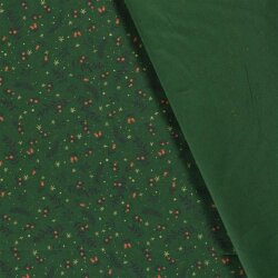 Popeline di cotone con stampa in foil di rami natalizi e bacche - Verde abete