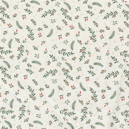 Cotton Poplin Foil Print Christmas Branches with Berries - Cream White