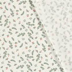 Cotton Poplin Foil Print Christmas Branches with Berries - Cream White