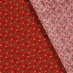 Cotton poplin foil print holly branches - red