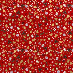 Cotton Poplin Foil Print Christmas Embellishments - Red