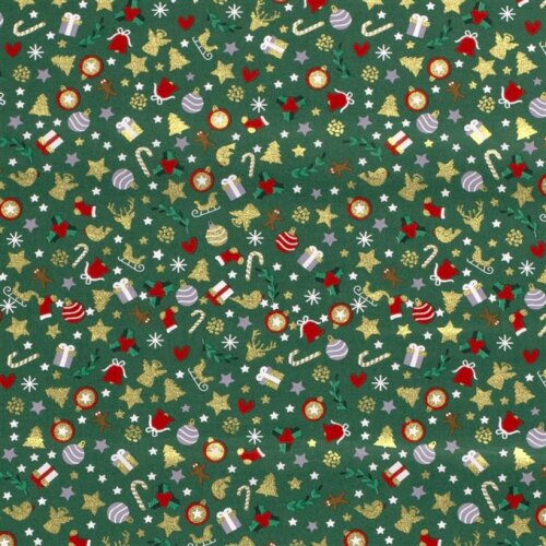 Vánoční ozdoby z bavlněného popelínu s potiskem fólie - jedlově zelená