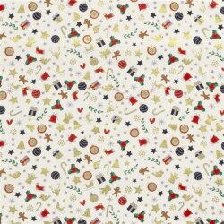 Cotton Poplin Foil Print Christmas Embellishments - Cream...