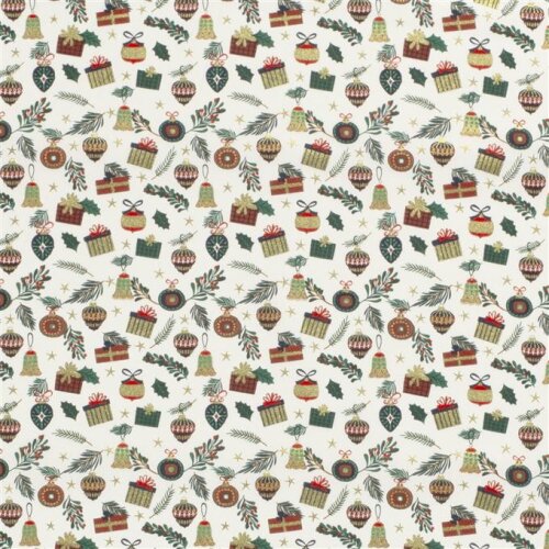 Cotton Poplin Foil Print Christmas Gifts - Cream White