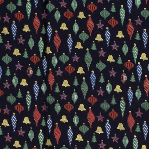Katoen Popeline Folie Print Kerstballen - Middernachtblauw