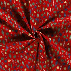 Katoen Popeline Folie Print Kerstballen - Rood