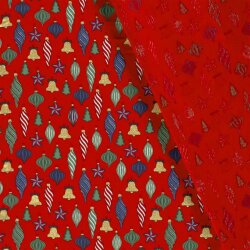 Katoen Popeline Folie Print Kerstballen - Rood