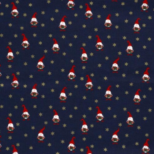 Popeline de coton imprimé gnomes de Noël - bleu nuit
